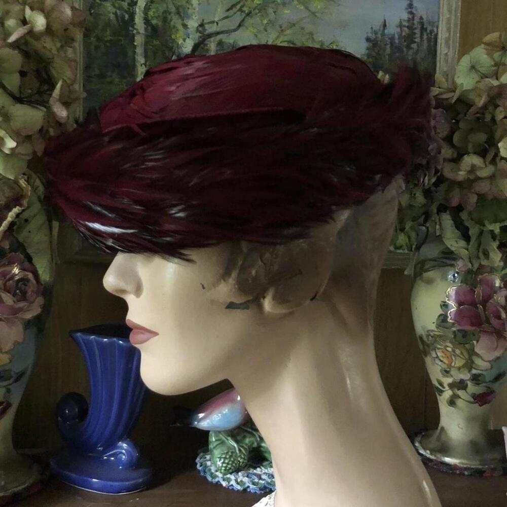 1920’s Cherry Red Wine Merlot Feather Hat.